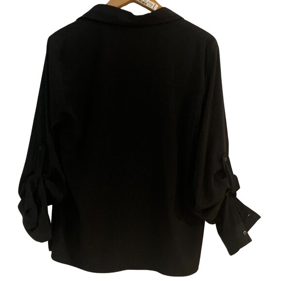 Dressbarn Black Button Down Blouse Women’s Size M Roll Tab Sleeves - Picture 2 of 5